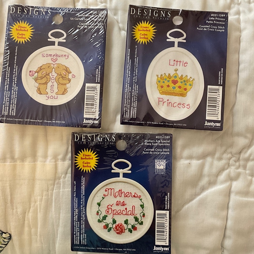 New sealed Cross Stitch Kits - Set of 3 Designs, with their frames. Mini size.